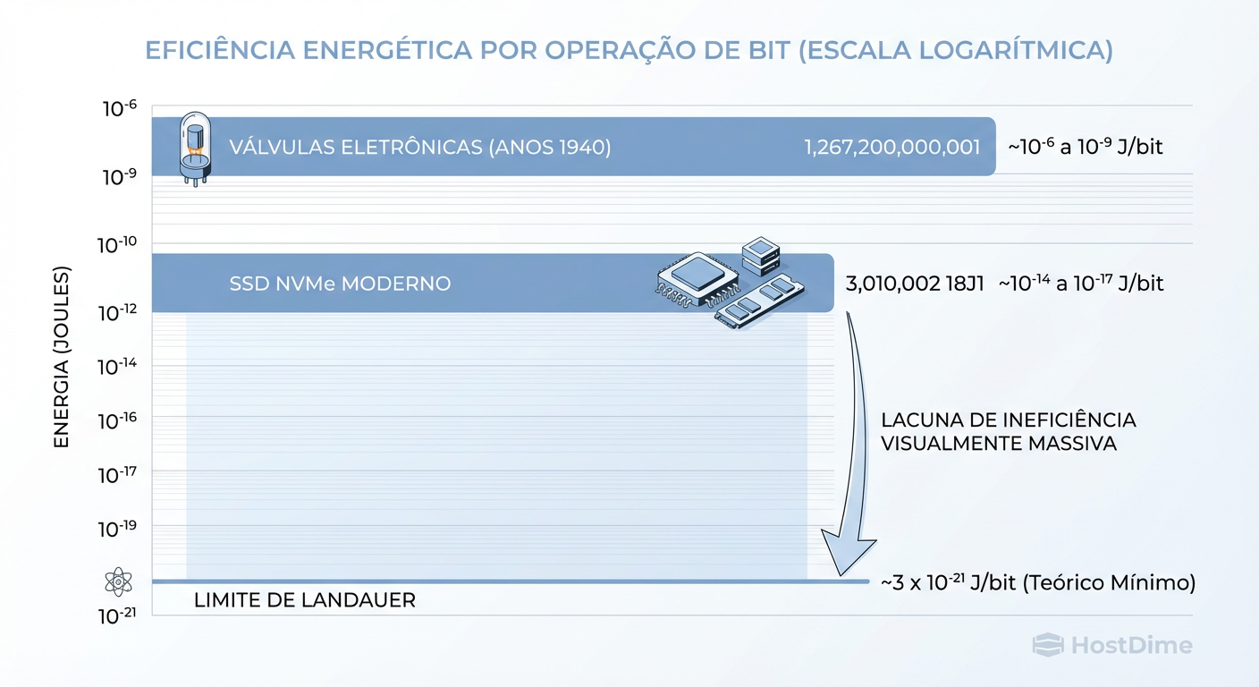 O Abismo da Eficiência: Comparação entre o consumo real de energia atual e o limite físico fundamental de Landauer.