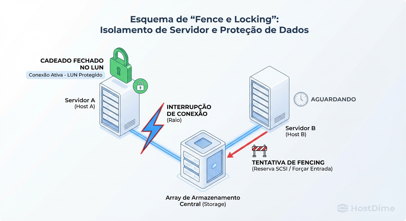 O Dilema do Split-Brain: Se o Host A perde a rede mas mantém o disco montado, e o Host B monta o mesmo disco, o sistema de arquivos é corrompido instantaneamente. O mecanismo de Fencing é o juiz.