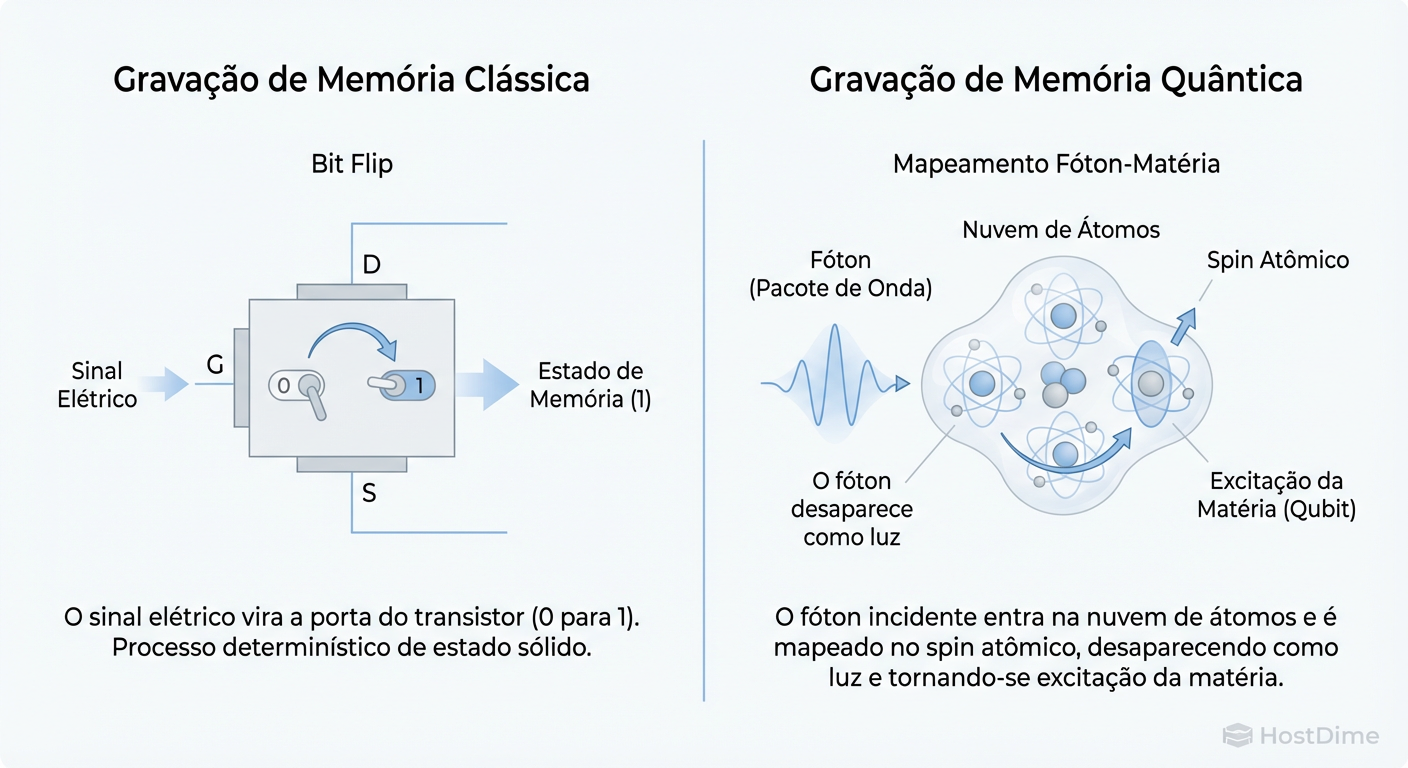 Diferença fundamental: A memória clássica altera um estado físico estático; a memória quântica converte luz em excitação atômica.
