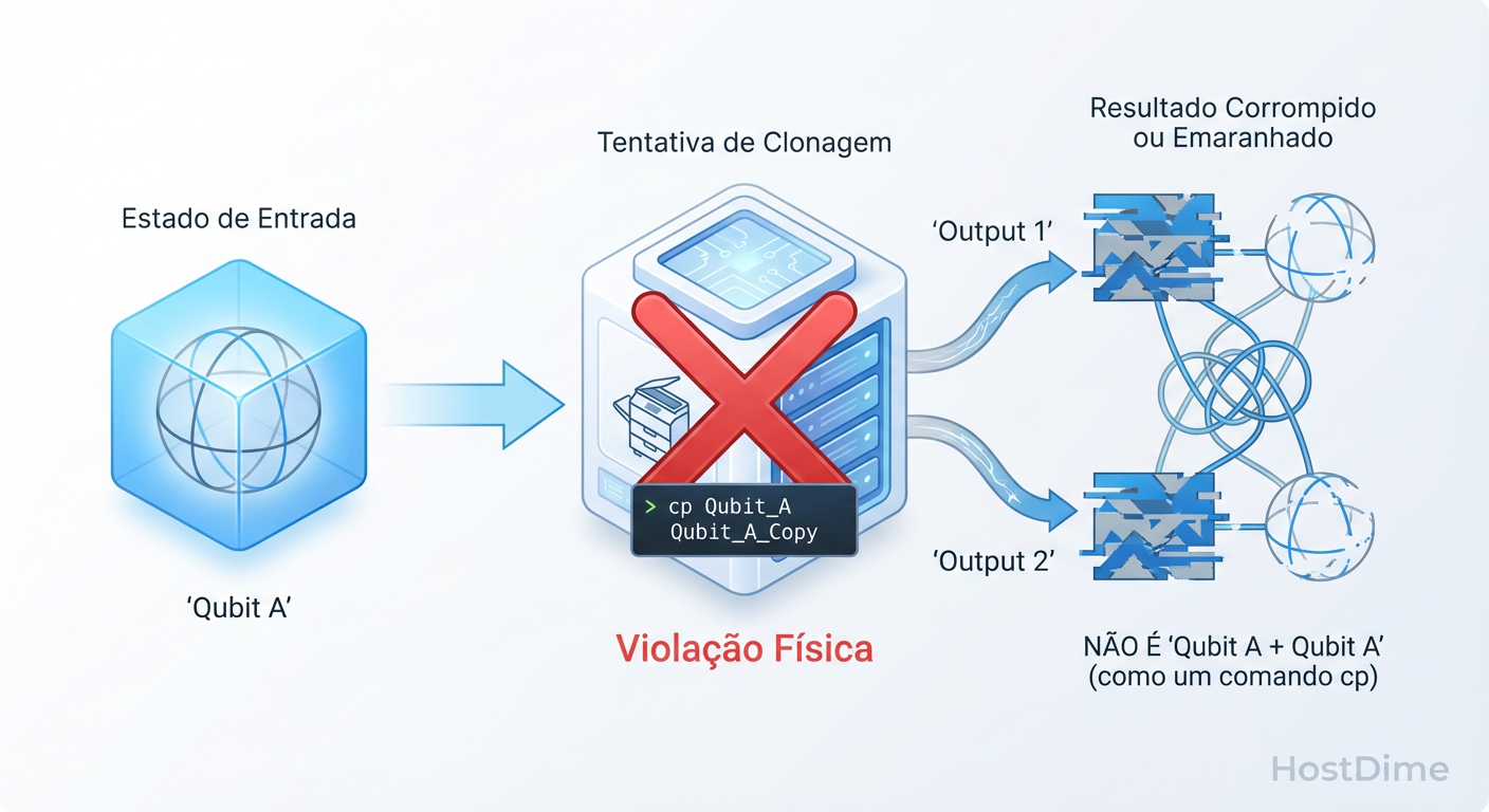 O Fim do 'cp file.txt': O Teorema da Não-Clonagem prova que copiar dados quânticos nativos é fisicamente impossível, matando o conceito de RAID tradicional.