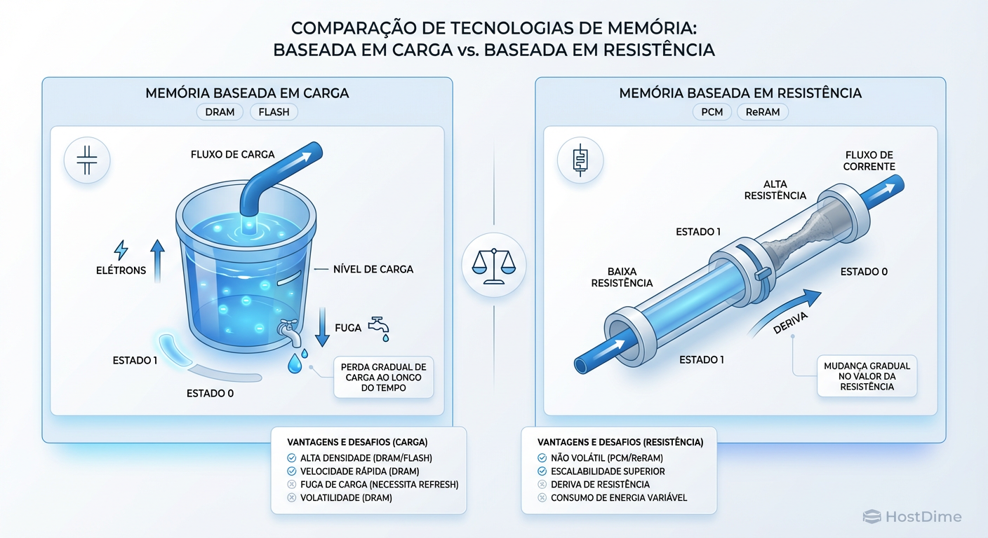 Modelo Mental: Carga vs. Resistência. Enquanto a Flash vaza elétrons (balde furado), o PCM e ReRAM sofrem alterações na própria estrutura do material (o cano muda de largura), criando o fenômeno do Resistance Drift.