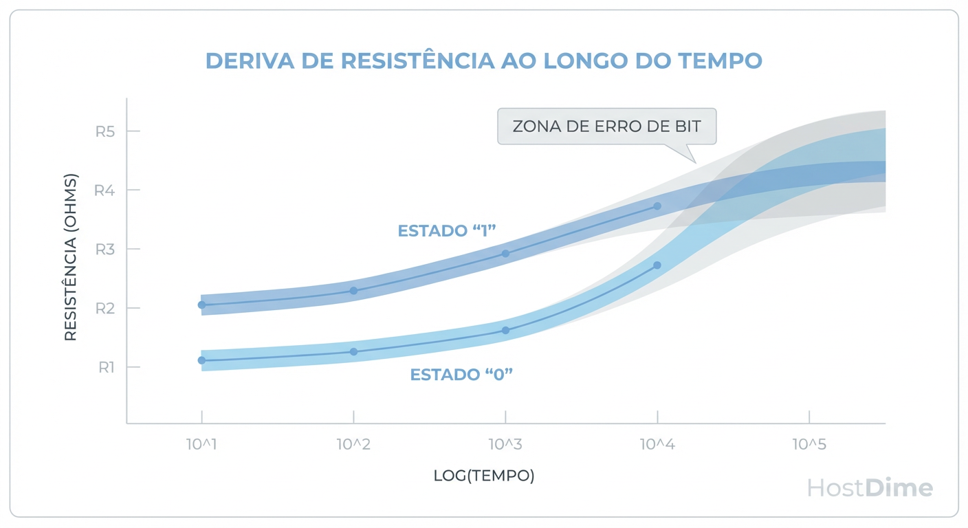 O Inimigo Silencioso: Resistance Drift. Com o tempo, a resistência física do material tende a aumentar, fazendo com que os estados lógicos '0' e '1' se confundam, exigindo controladores complexos para rastrear essas mudanças.