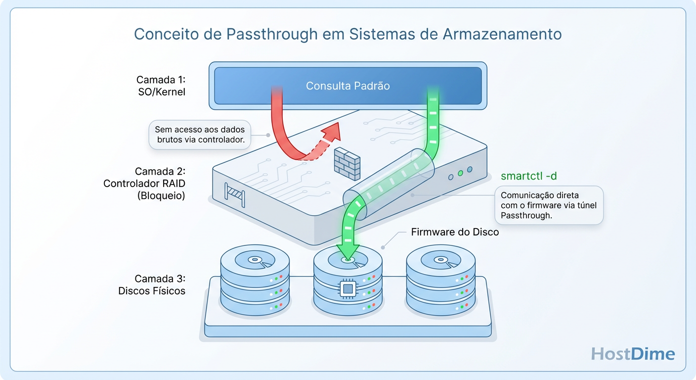 Diagrama de Passthrough: Superando a abstração da controladora RAID para acessar a telemetria física.
