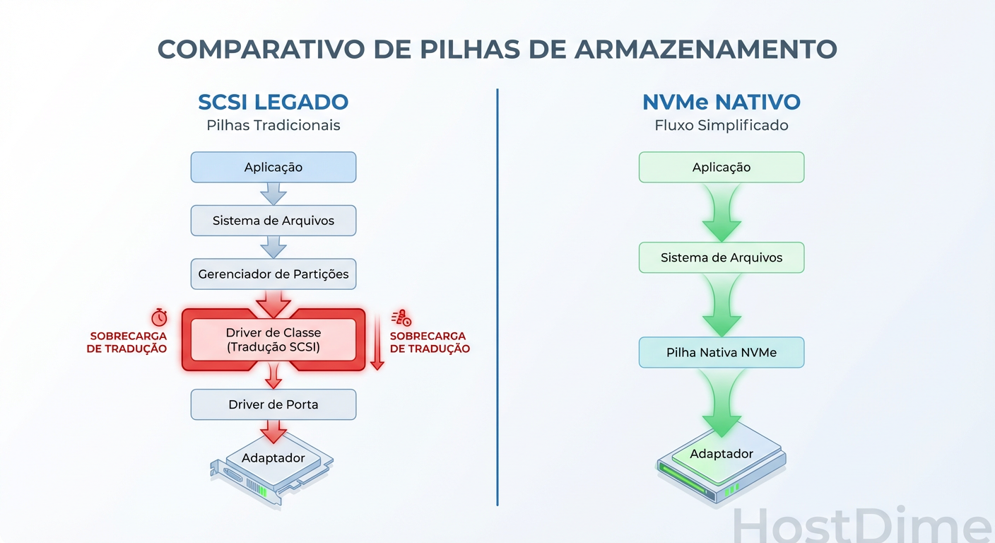 Comparativo do Stack de Storage: A eliminação da camada de tradução SCSI no Windows Server 2025 remove o principal gargalo de latência.
