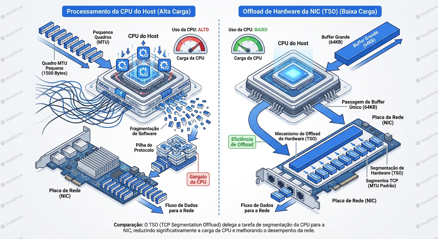 Comparativo de fluxo: A redução de interrupções de CPU via TSO transfere a carga de segmentação para o silício da NIC.