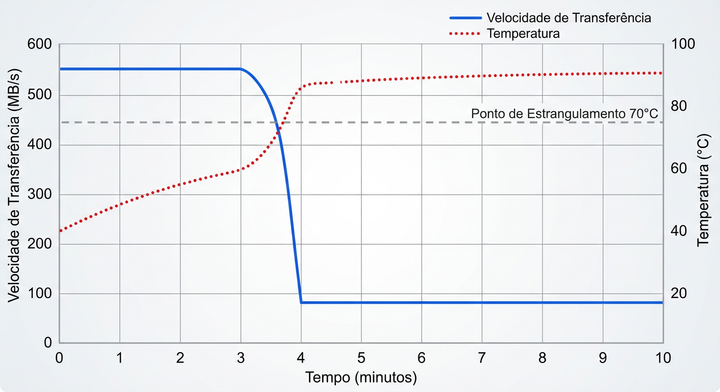 Gráfico demonstrando o efeito do Thermal Throttling: a velocidade de transferência colapsa assim que a temperatura crítica é atingida.