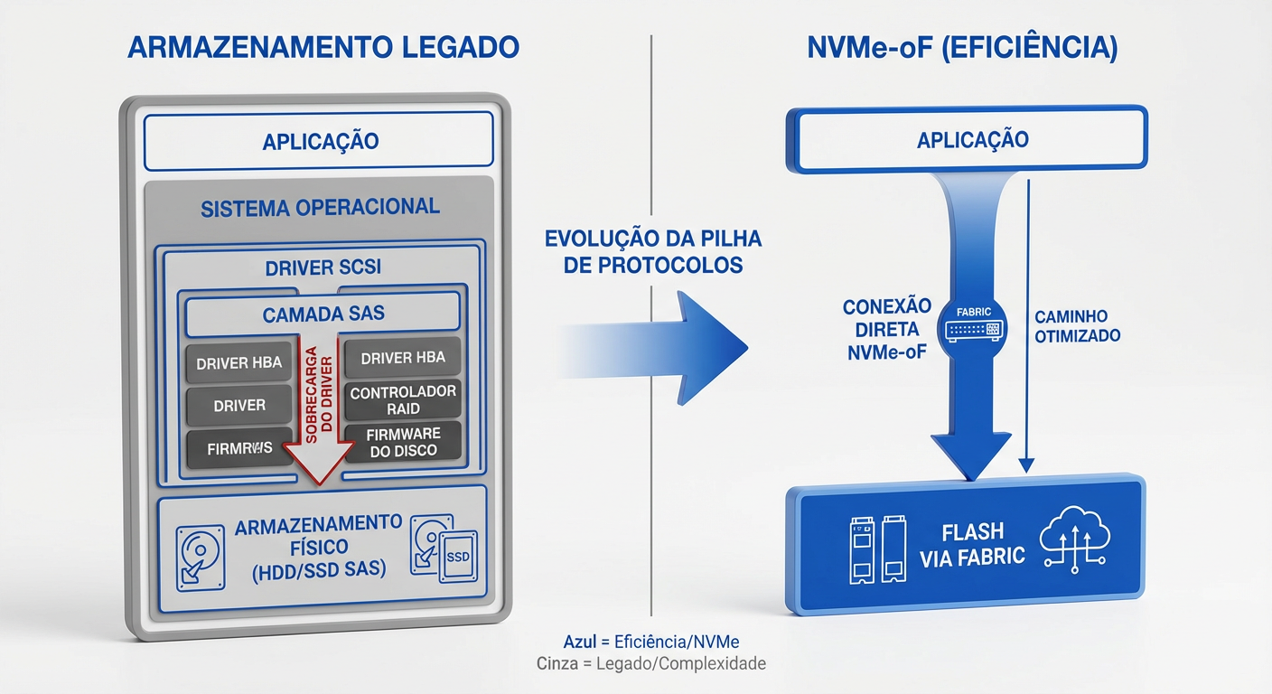 Comparativo de Pilha de Protocolos: A eficiência do NVMe-oF versus a complexidade do legado SCSI.