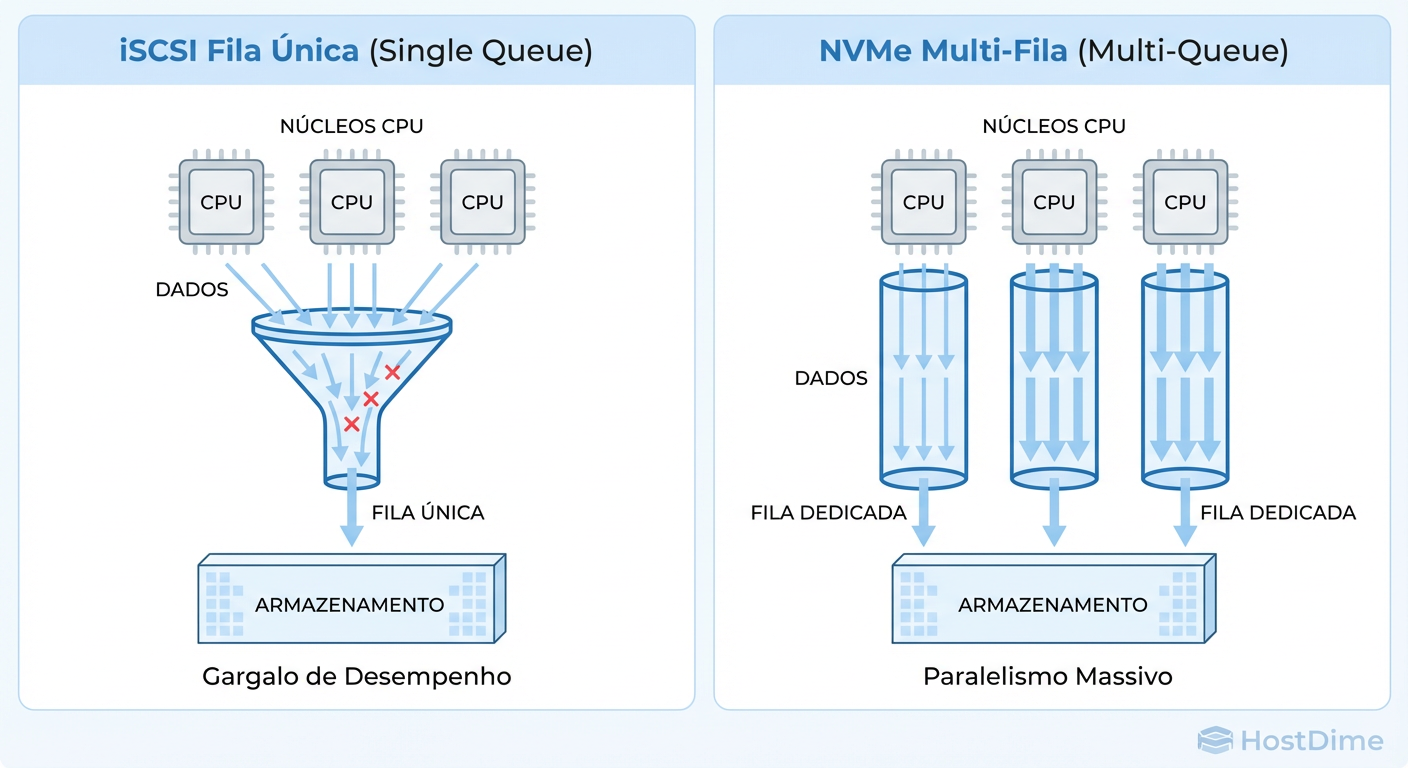 O Gargalo da Fila Única: Enquanto o iSCSI serializa o tráfego, o NVMe-oF permite até 64k filas, alinhando o I/O com a arquitetura multi-core das CPUs modernas.