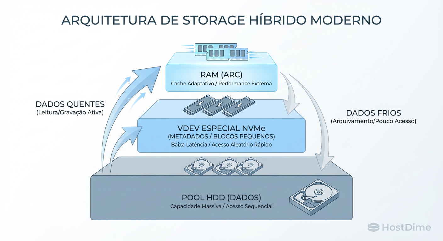 Estratégia de Sobrevivência ZFS: Usando NVMe apenas onde dói (Metadados e L2ARC).