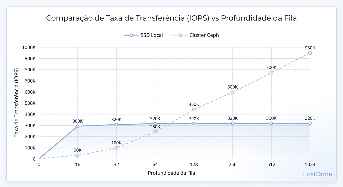 Escalabilidade vs. Latência: O Ceph precisa de profundidade de fila (Queue Depth) para brilhar, ao contrário de discos locais que saturam cedo.