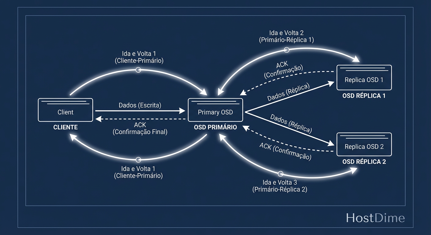 O Ciclo da Escrita Segura: A latência do Ceph é a soma do RTT da rede + gravação em disco x3 (replicação).