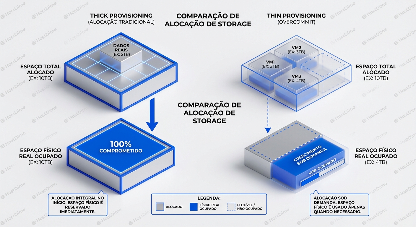 Comparação entre 'thin' e 'thick provisioning' de storage.