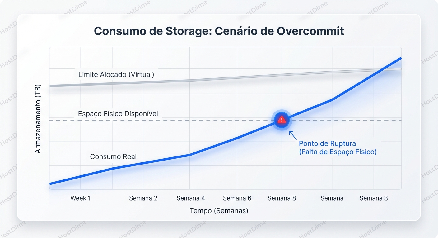 Gráfico de consumo de storage com overcommit, mostrando o ponto de exaustão.