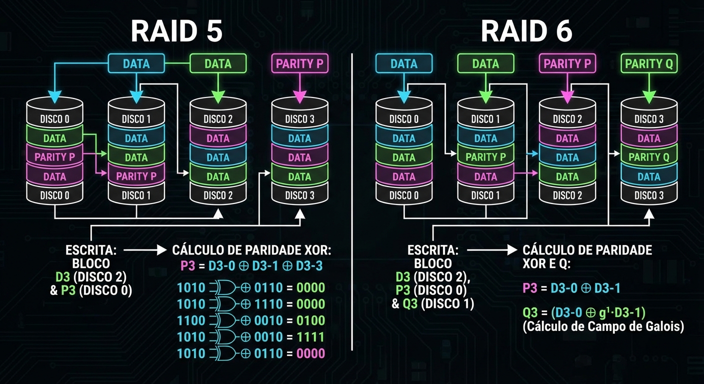 Fluxo de escrita comparativo: RAID 5 (paridade única) vs RAID 6 (paridade dupla).
