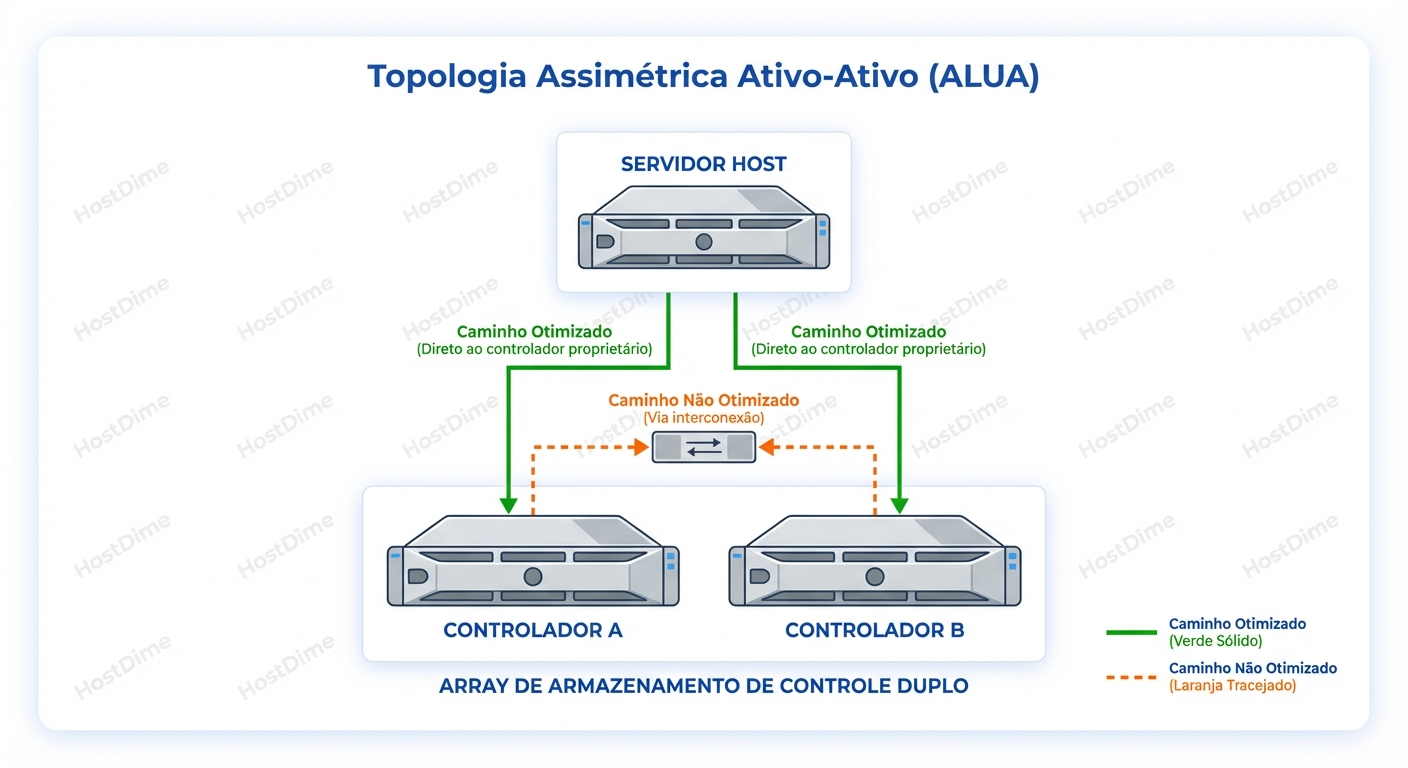 Arquitetura ALUA: A diferença crítica entre caminhos Otimizados e Não-Otimizados em configurações Ativo-Ativo.