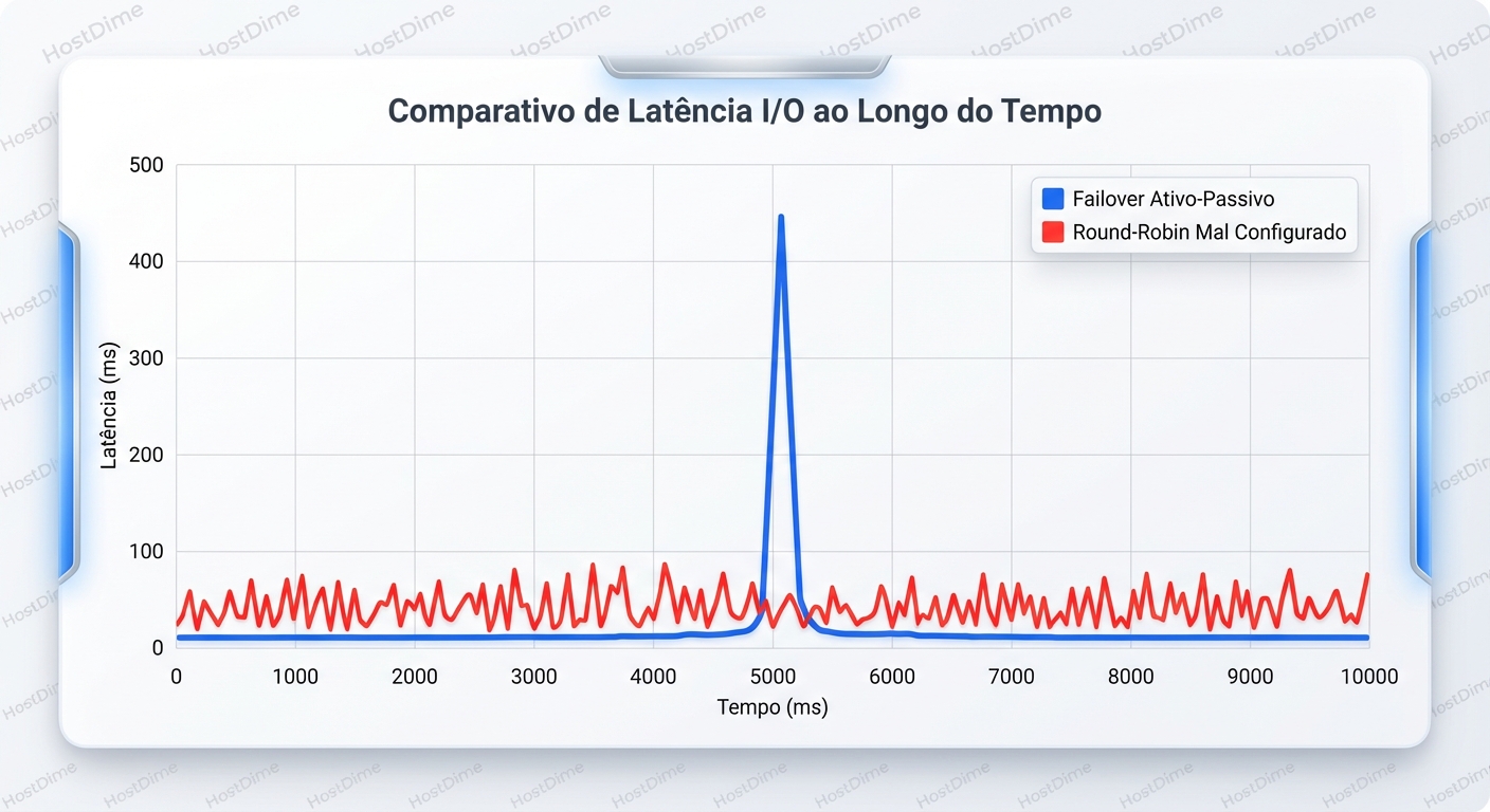 Comparativo de Latência: O custo do 'Path Thrashing' em Round-Robin mal configurado vs. o pico único de failover.