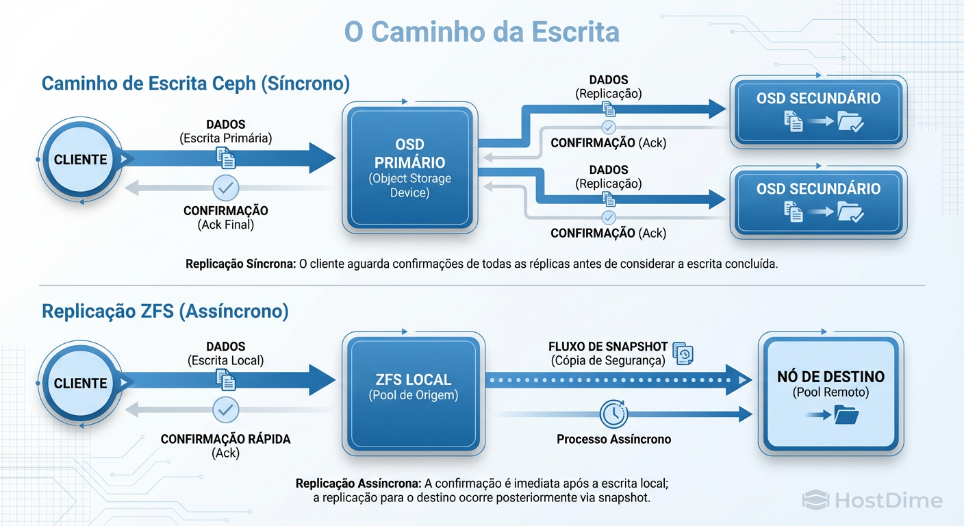 A Diferença Vital: Ceph garante que os dados estão em múltiplos lugares antes de confirmar. ZFS Replication (padrão no Proxmox) confirma localmente e envia depois, criando uma janela de perda de dados (RPO > 0).