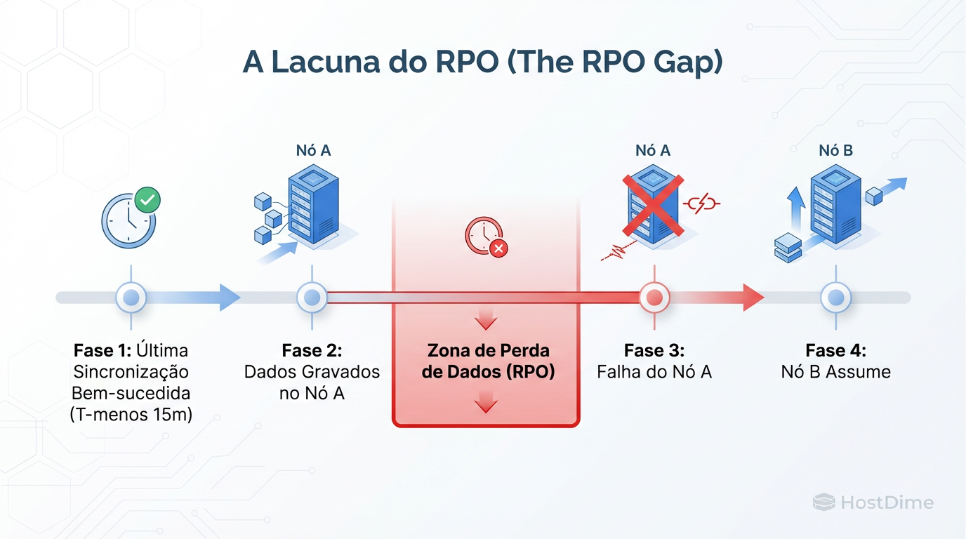 A dura realidade do RPO: Em replicação assíncrona, qualquer dado escrito após a última sincronização e antes da falha é perdido. HA aqui garante disponibilidade de serviço, não integridade total de dados recentes.