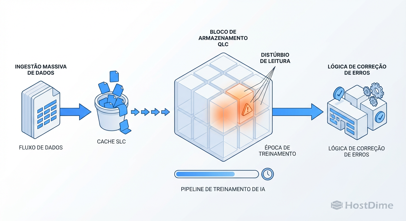 Figura 2: O ciclo de vida do dado de IA no QLC. O risco de 'Write Cliff' na ingestão e 'Read Disturb' durante as leituras repetitivas do treinamento.