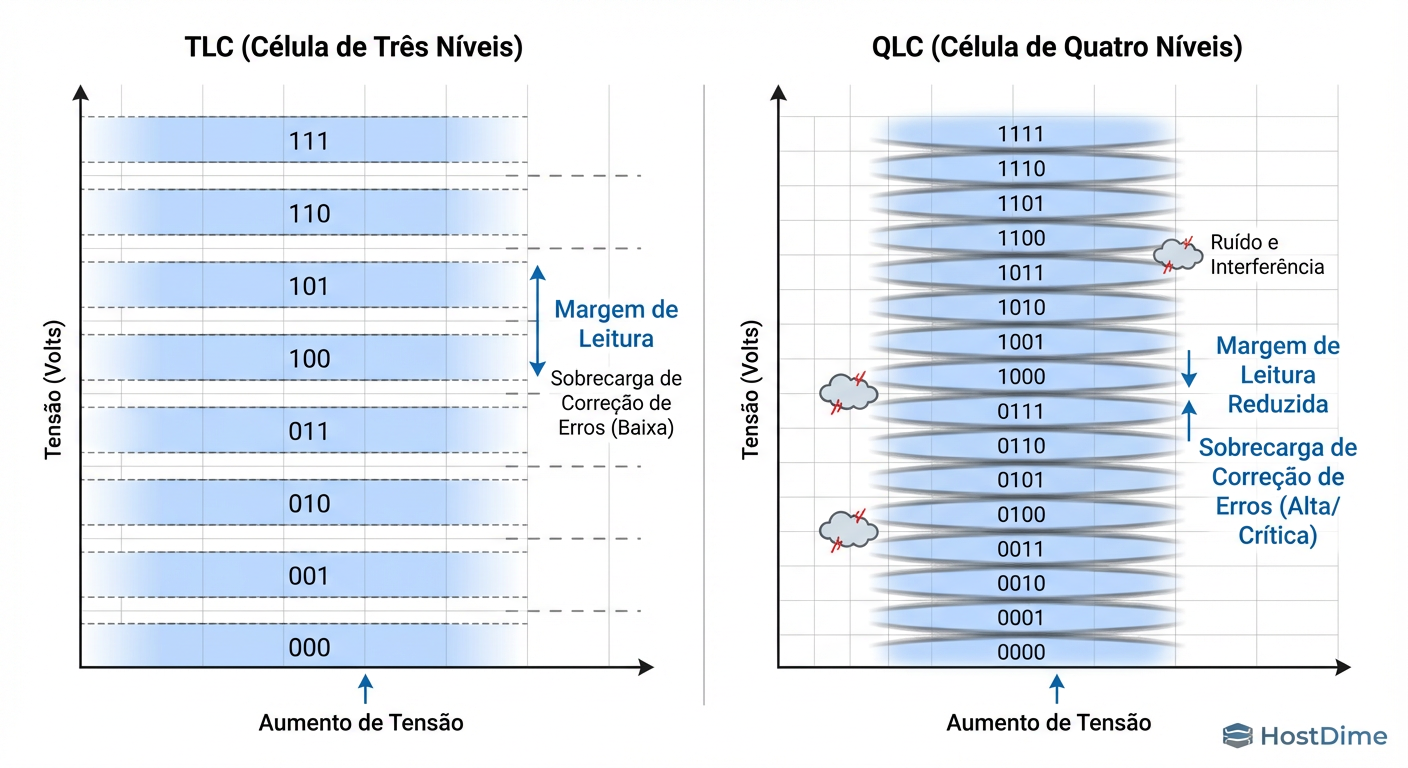 A Física do Erro: Comparativo de Estados de Voltagem TLC (8 estados) vs QLC (16 estados). Note a margem de erro reduzida no QLC, exigindo mais tempo de ECC.