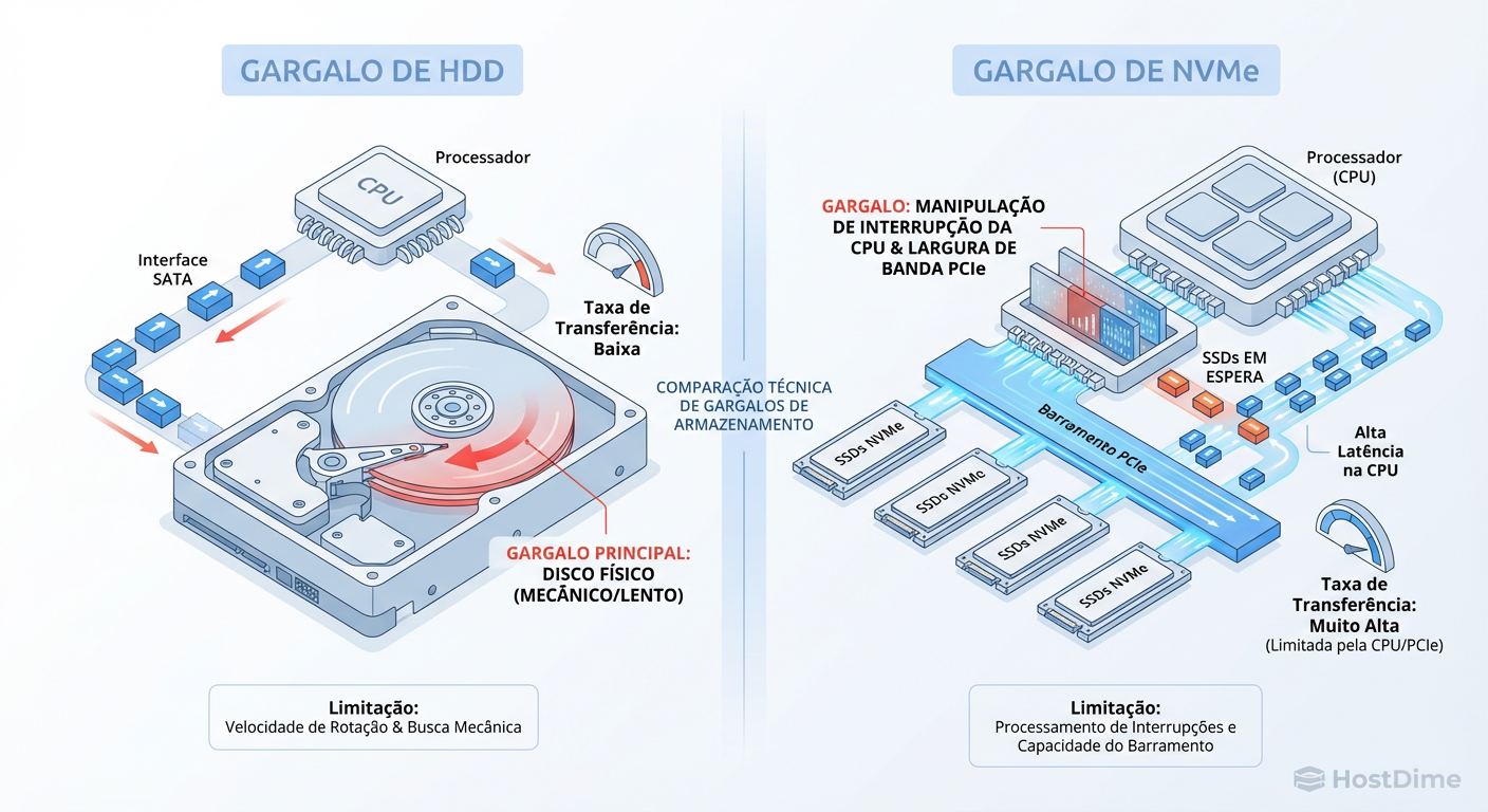 Diagrama de Deslocamento de Gargalo: Em arranjos NVMe, o 'cano' físico (PCIe) e o processador (CPU IRQ) saturam antes da mídia de armazenamento.