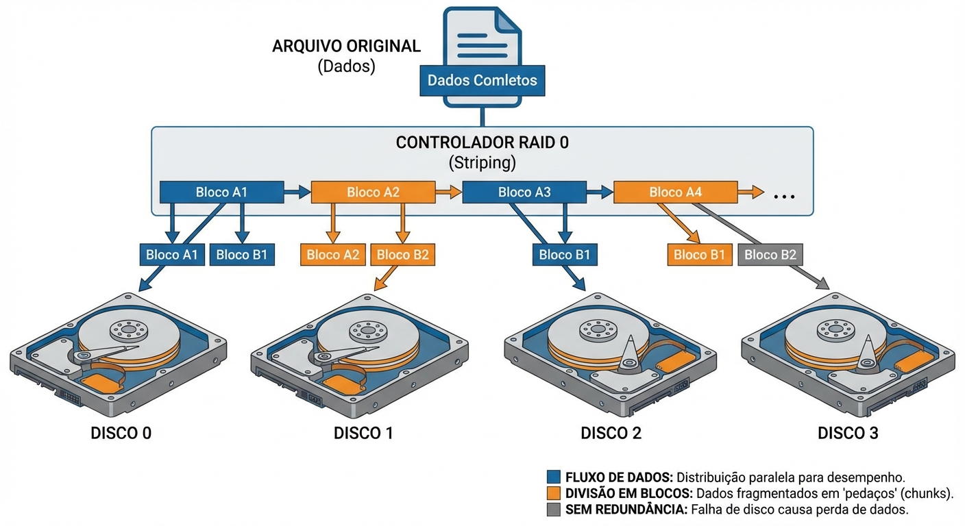 Imagem de capa para o artigo sobre RAID 0. Mostre uma representação visual de vários SSDs NVMe de alta velocidade em funcionamento, com linhas de dados fluindo entre eles. Um estilo futurista e dark mode.
