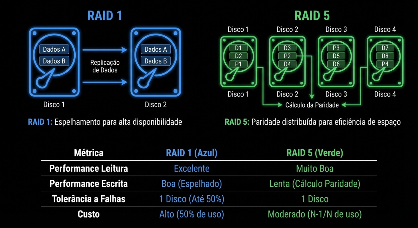 Diagrama: Diagrama técnico em modo escuro (Dark Mode) comparando RAID 1 e RAID 5. Coluna da esquerda: RAID 1, mostrando dois discos espelhados com setas indicando a replicação de dados. Legenda: 'RAID 1: Espelhamento para alta disponibilidade'. Coluna da direita: RAID 5, mostrando três ou mais discos com blocos de dados e paridade distribuída. Setas indicam o cálculo da paridade. Legenda: 'RAID 5: Paridade distribuída para eficiência de espaço'. Abaixo, uma tabela comparativa com métricas de performance (leitura/escrita), tolerância a falhas e custo. Cores: Azul para RAID 1, Verde para RAID 5. Fundo preto.