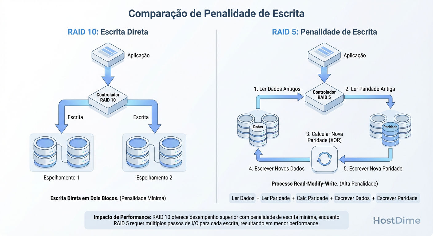 A Penalidade de Escrita (Write Penalty): Por que o RAID 5 realiza 4 operações de I/O para cada escrita lógica, enquanto o RAID 10 realiza apenas 2.