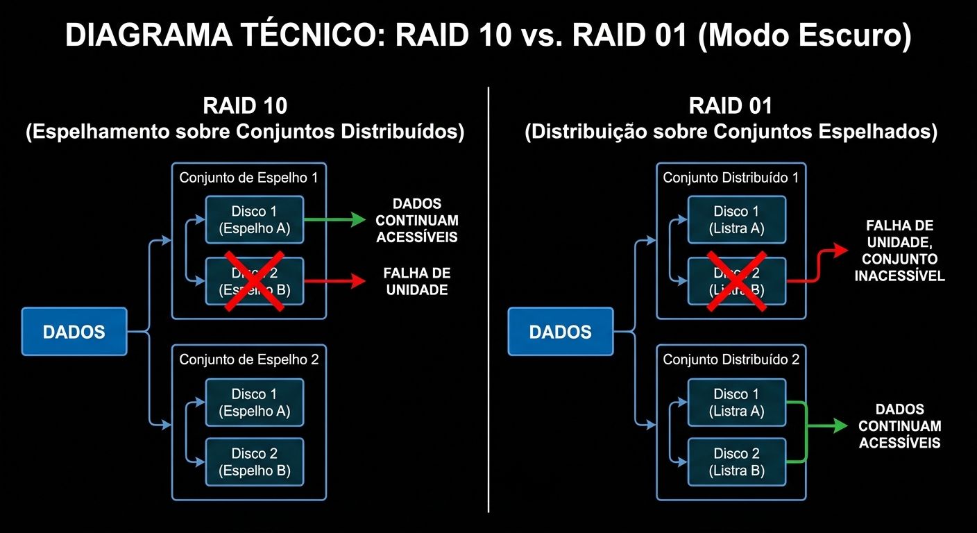 Arquitetura e fluxo de dados em RAID 10 (striping sobre espelhamento) versus RAID 01 (espelhamento sobre striping).