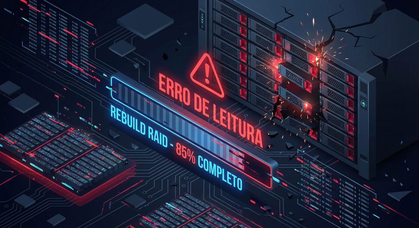 O risco do Rebuild: falhas durante a reconstrução são a principal causa de perda total em RAID 5 modernos.