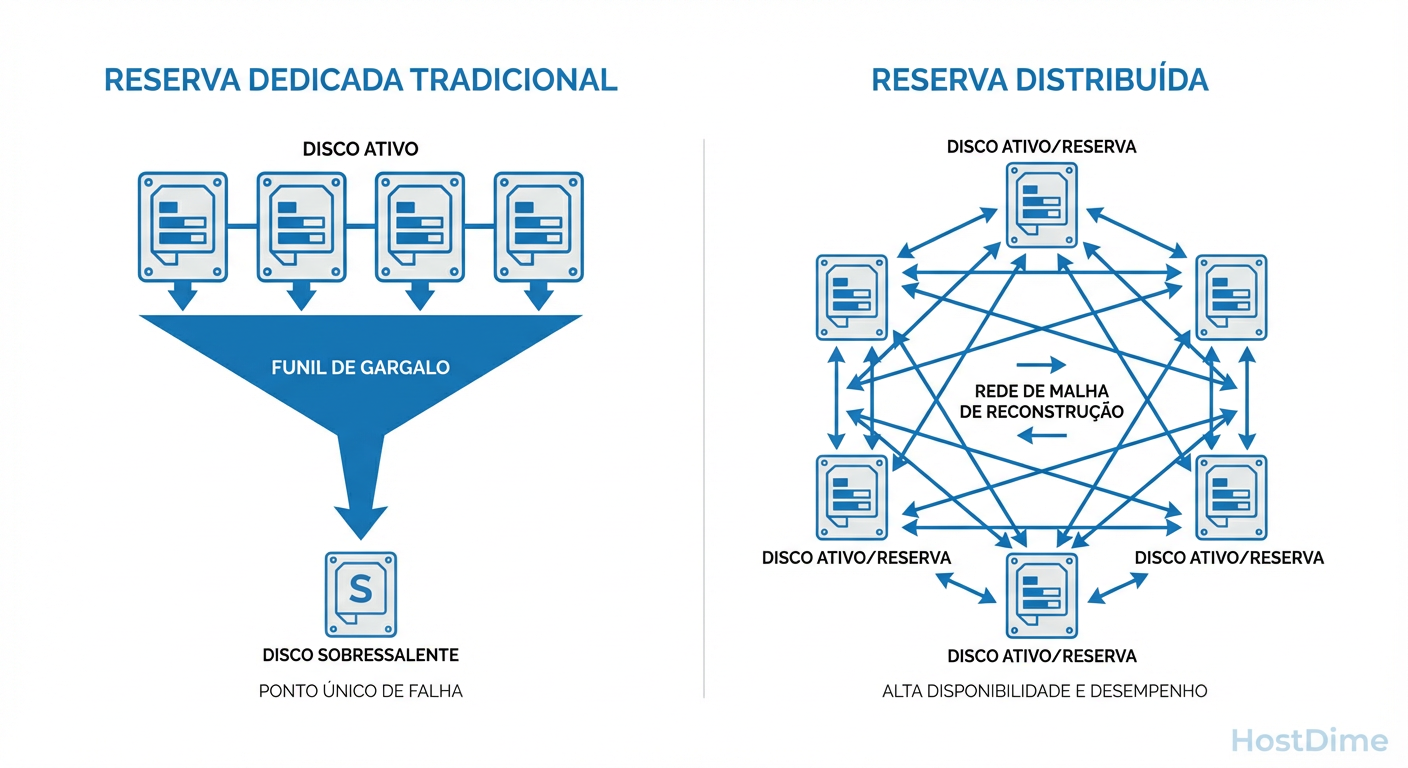 Diagrama Comparativo: O gargalo do Spare Dedicado (limitado à velocidade de escrita de um disco) versus o paralelismo do Spare Distribuído.