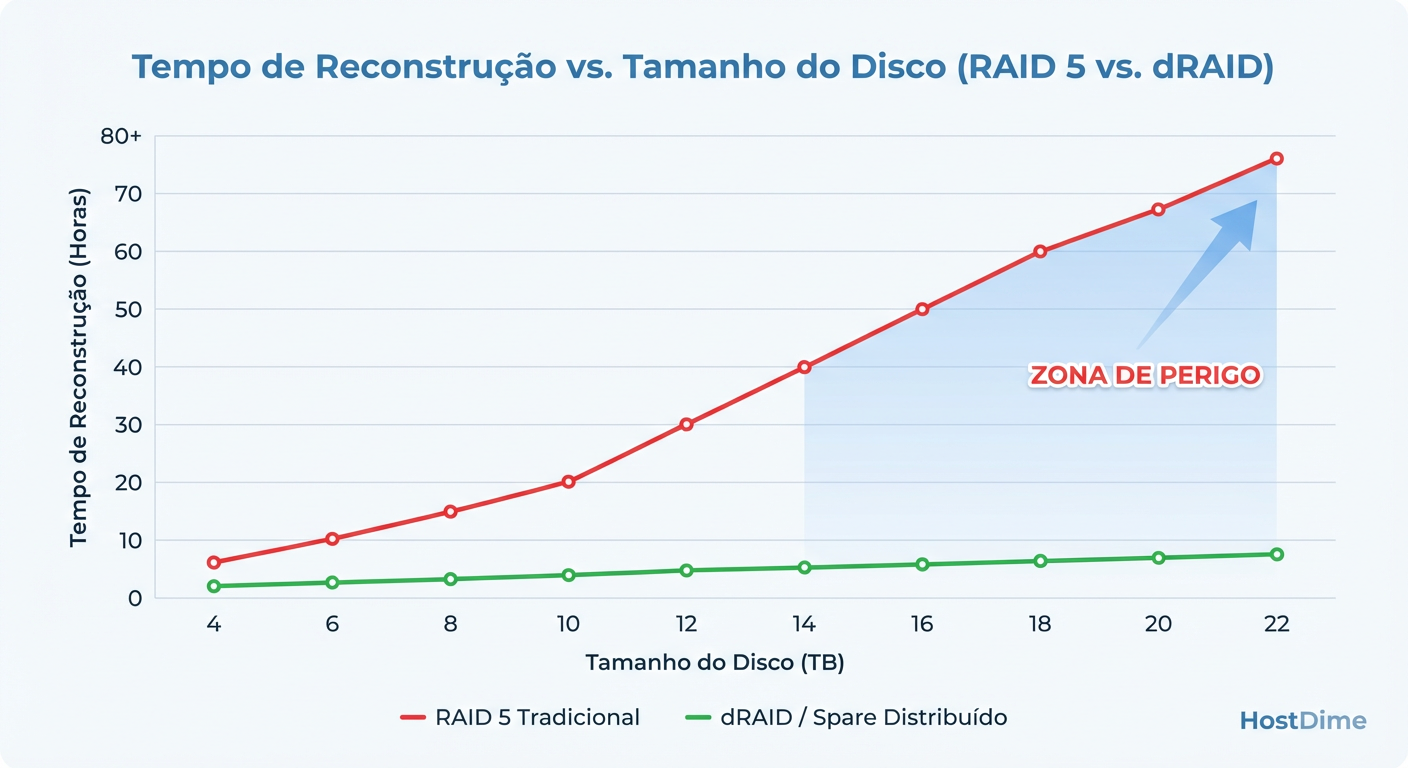 Gráfico de Tempo de Rebuild: Como o Distributed Spare mantém o tempo de recuperação gerenciável mesmo com o aumento da capacidade dos discos.