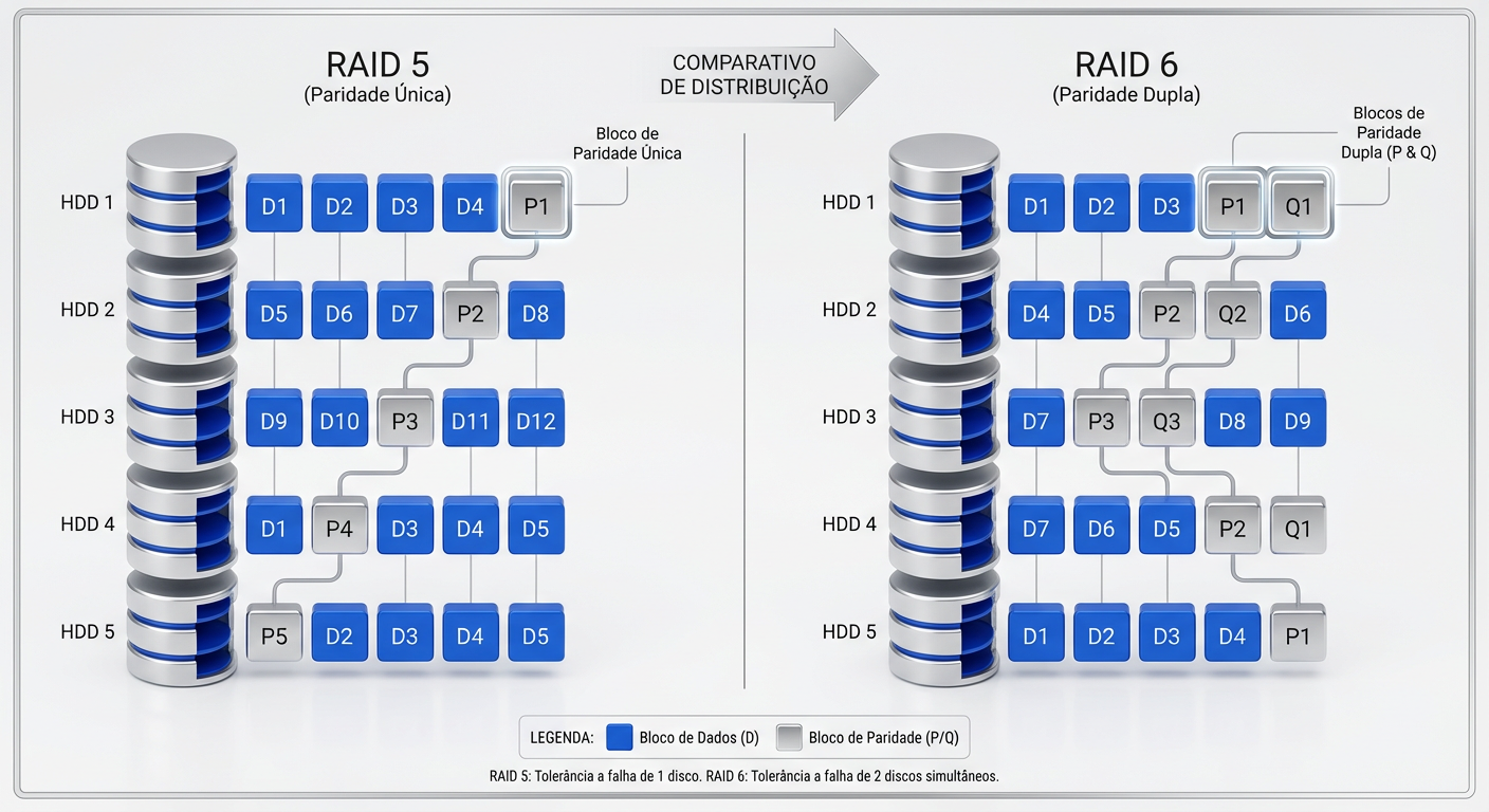 Esquema lógico: A diferença crucial na alocação dos blocos de paridade.