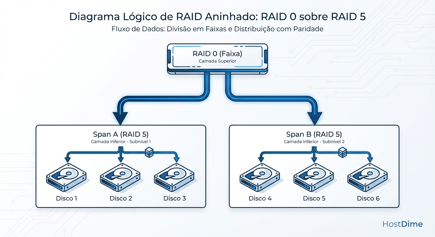 Arquitetura Lógica do RAID 50: O desempenho do Stripe (RAID 0) em cima da paridade distribuída (RAID 5).
