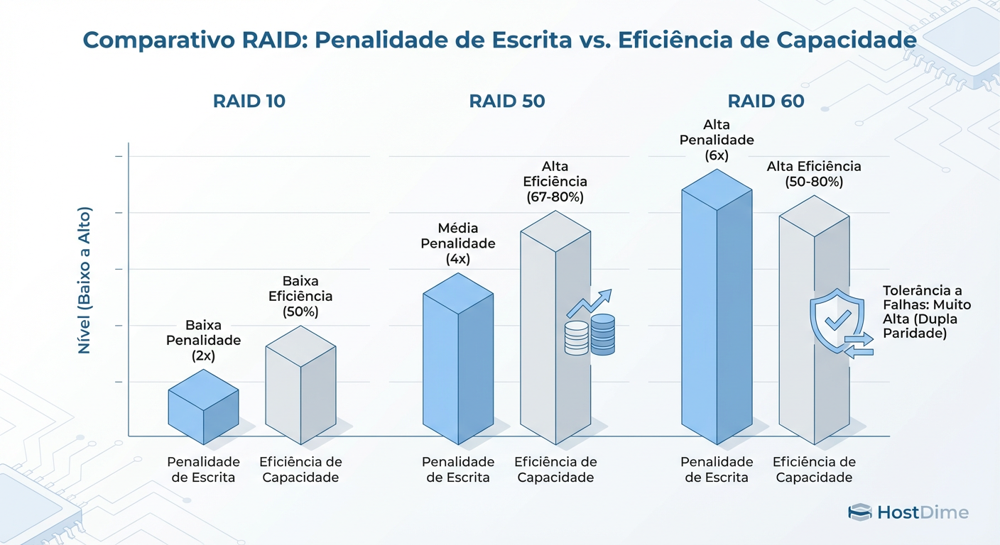 Comparativo de Trade-offs: O RAID 50/60 ocupa o meio-termo crítico entre a velocidade do RAID 10 e a economia de espaço do RAID 5/6 simples.