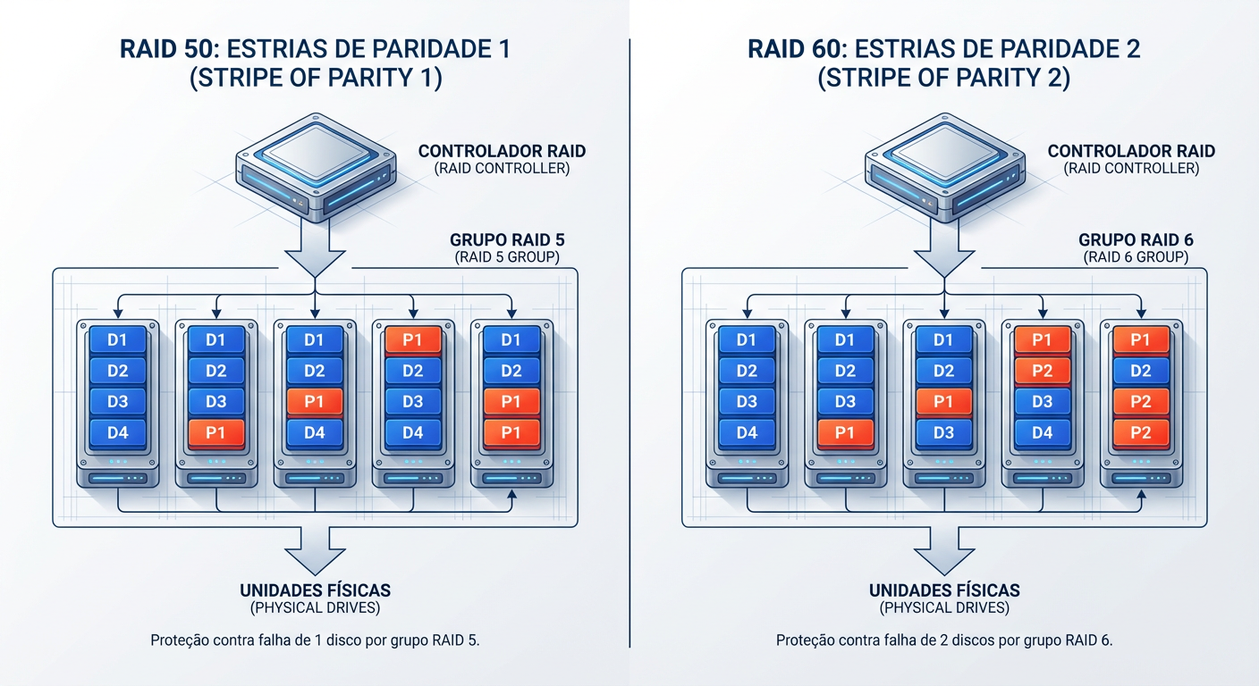 Diagrama de Topologia: A diferença crítica na distribuição dos blocos de paridade entre os níveis aninhados.
