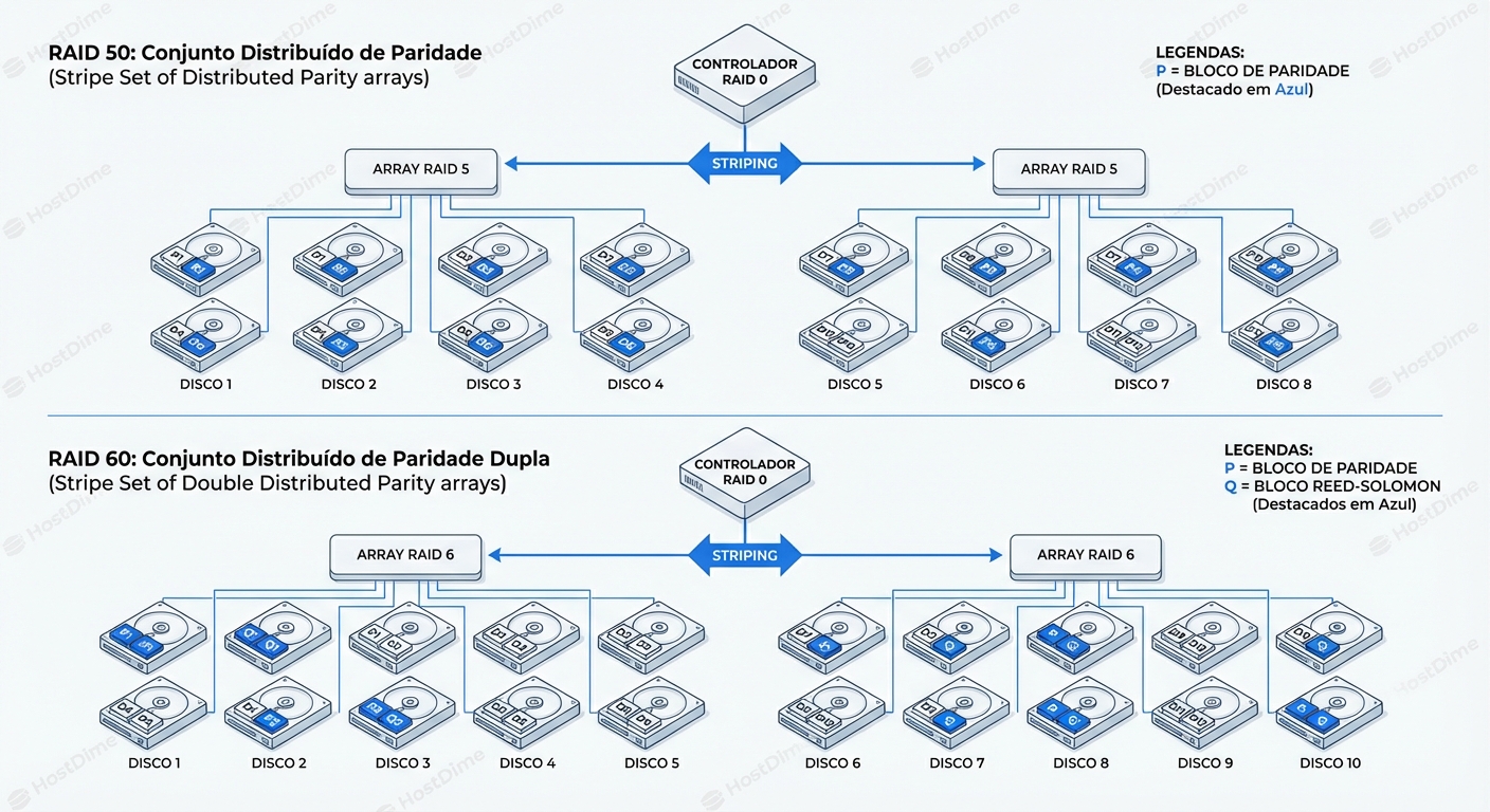 Topologia Aninhada: A diferença estrutural crítica na alocação de blocos de paridade (P vs. P+Q) entre os spans.
