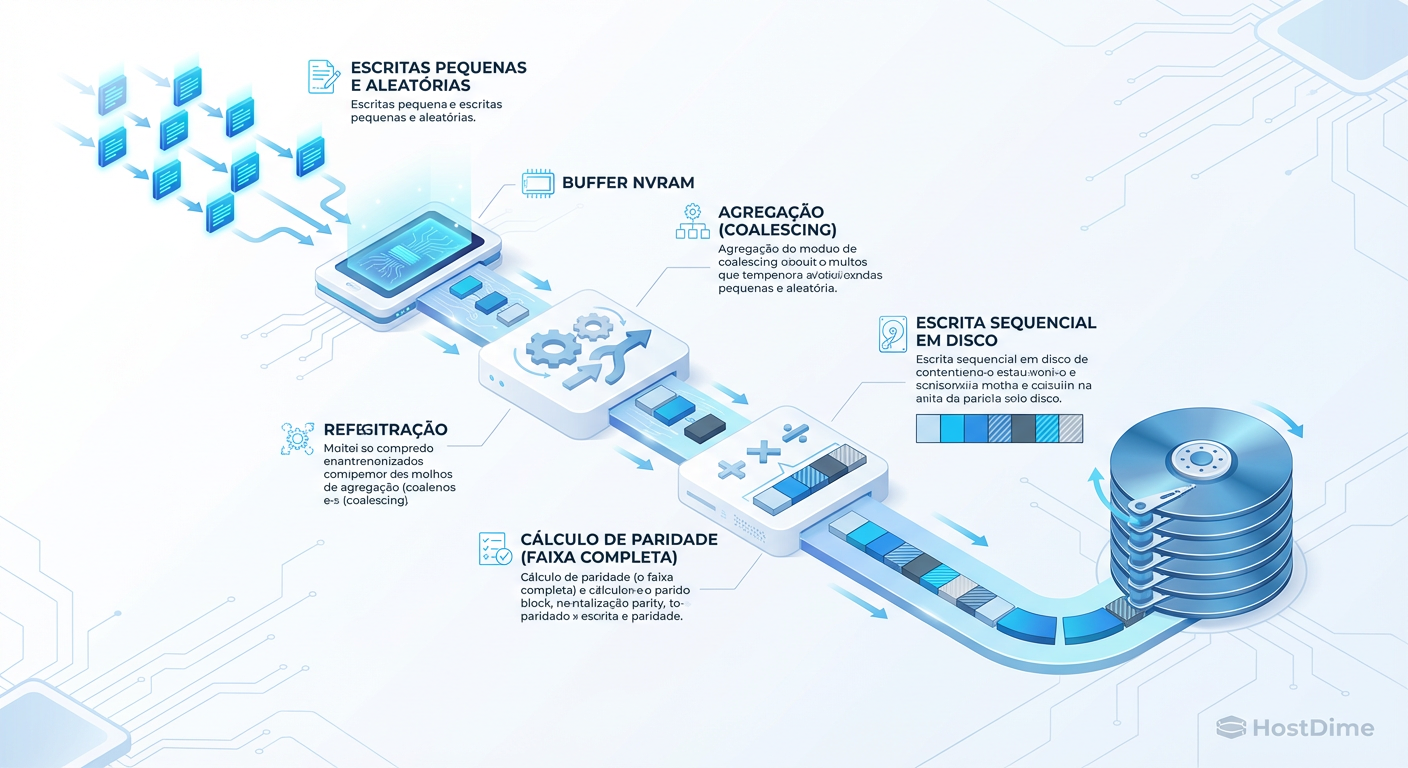 O fluxo de escrita Log-Structured: O segredo para evitar a penalidade de escrita (Write Penalty) em paridade dinâmica.