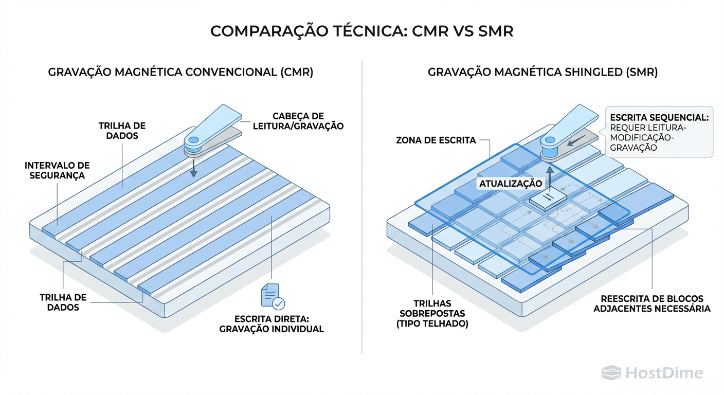 O Efeito Dominó: Por que alterar um setor em SMR obriga o disco a reescrever trilhas vizinhas (Read-Modify-Write).