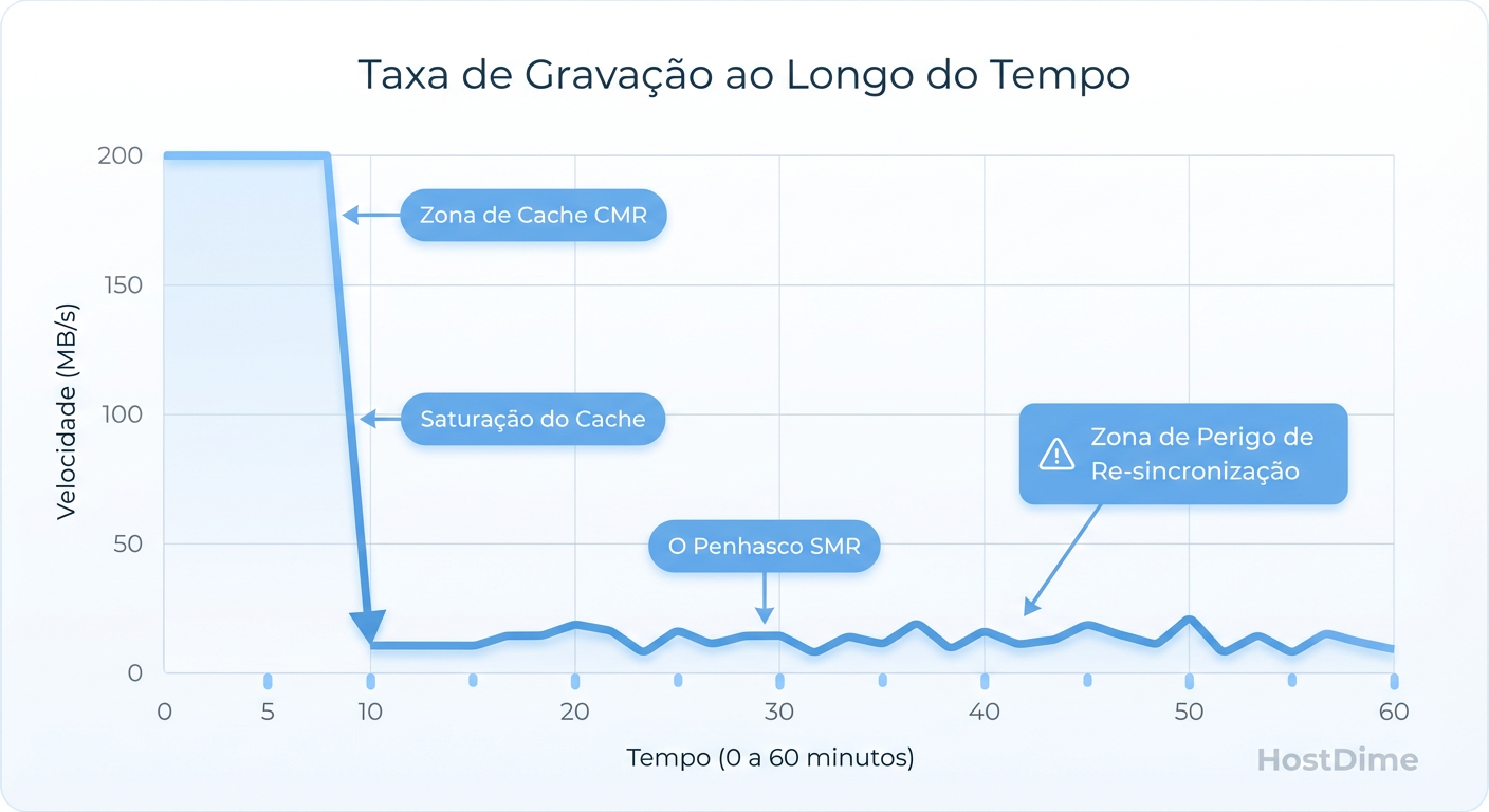 O Penhasco do SMR: O comportamento real de um disco DM-SMR quando o cache CMR se esgota durante uma reconstrução de RAID.