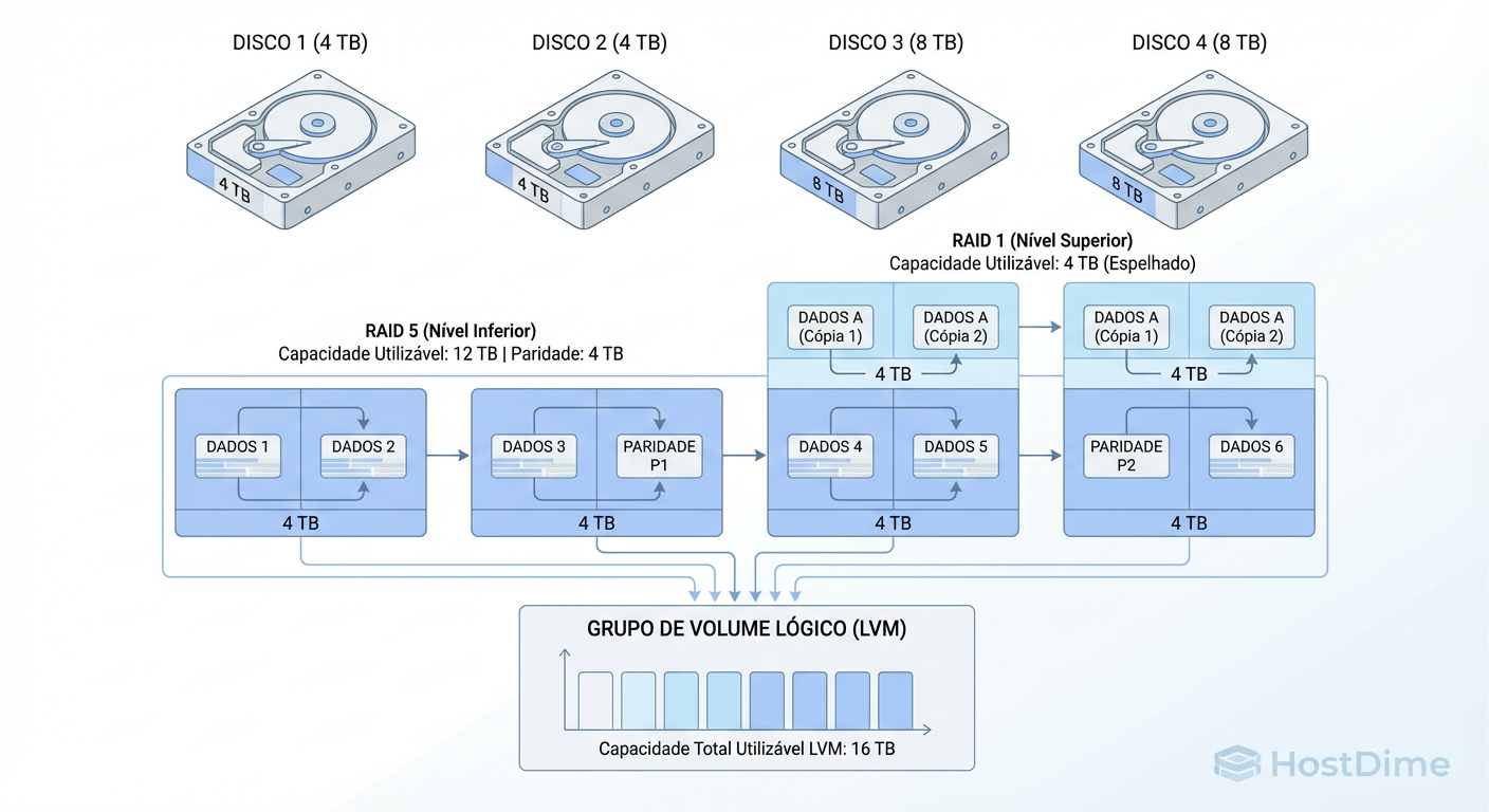 O 'Tetris' do Armazenamento: Como o SHR usa LVM para fatiar discos físicos e criar múltiplos arrays RAID invisíveis ao usuário.