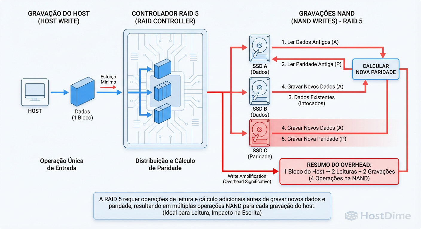 Amplificação de Escrita em RAID 5: O assassino silencioso da performance e durabilidade dos SSDs.
