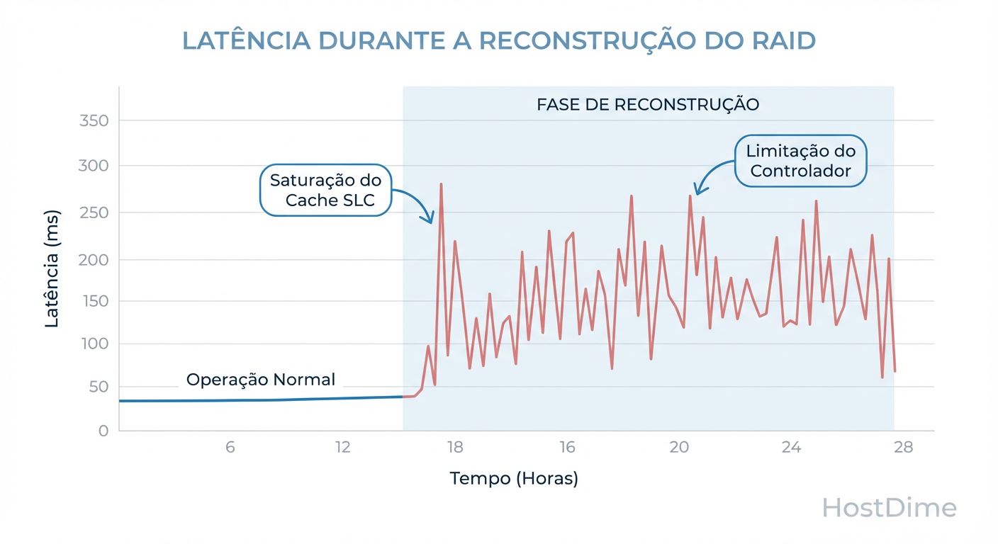 O impacto da saturação do Cache SLC na latência durante um rebuild.