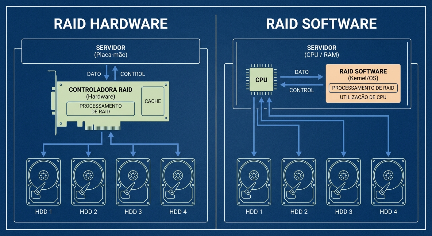 Arquitetura comparativa: RAID Hardware (controladora dedicada) vs RAID Software (CPU do servidor).