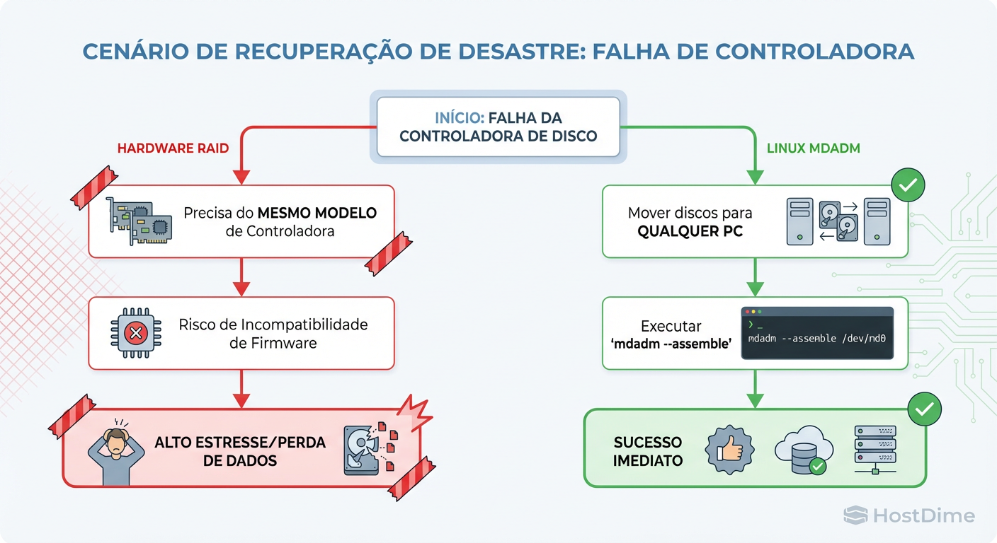Árvore de Decisão de Recuperação de Desastres: A complexidade da dependência de hardware proprietário vs. a universalidade do Linux mdadm.
