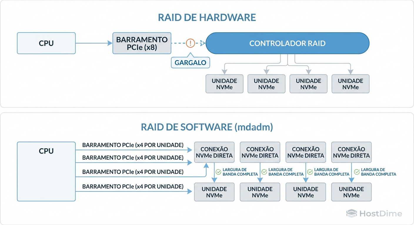 Diagrama de Fluxo de Dados: O Gargalo da Controladora vs. Acesso Direto (Direct Attach) em arquiteturas NVMe.