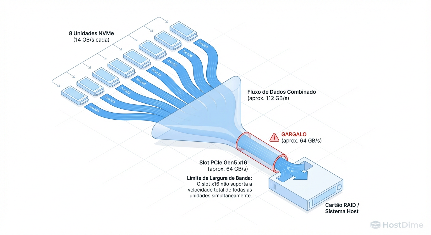 O Gargalo Físico: 8 drives NVMe Gen5 excedem drasticamente a largura de banda de qualquer controladora RAID comercial.