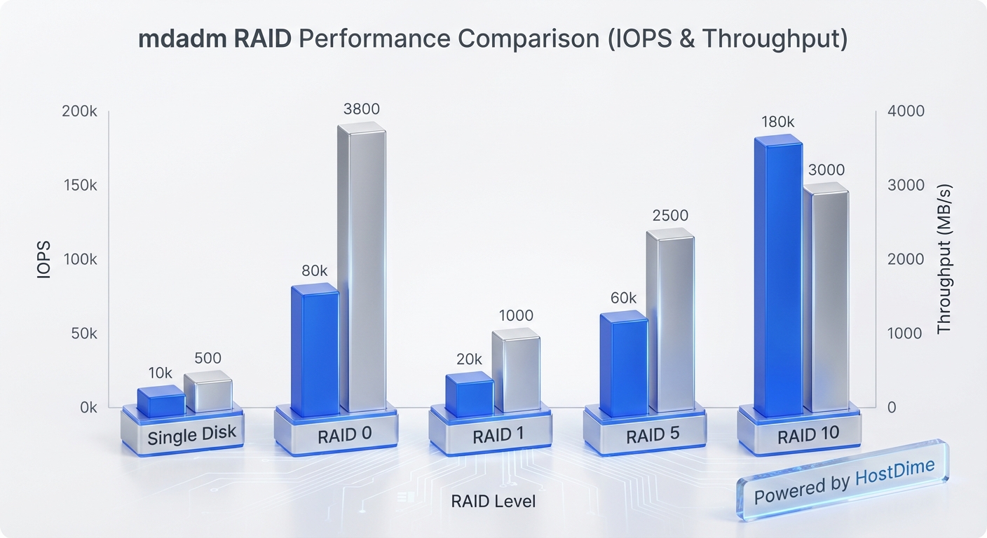 Comparativo de desempenho (IOPS e Throughput) entre diferentes níveis RAID com mdadm.