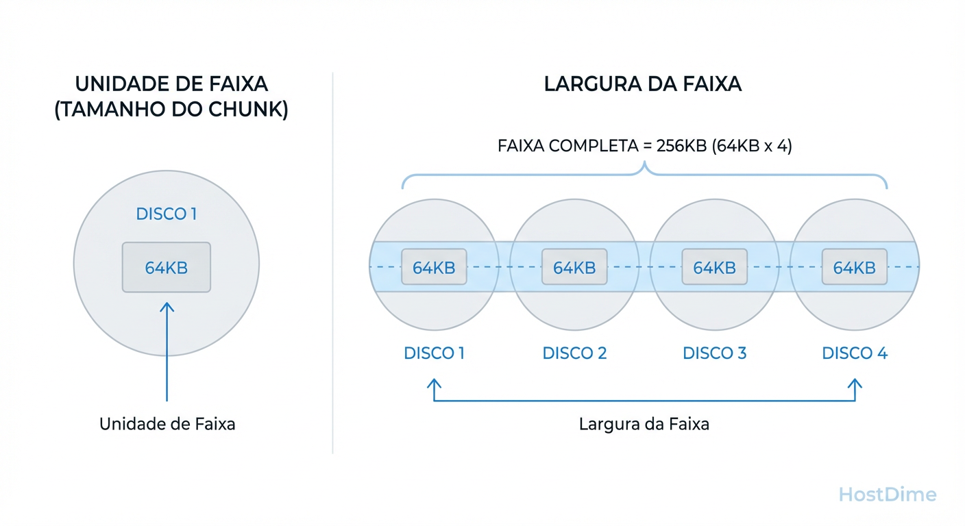 Diferença crítica: Stripe Unit (tamanho no disco individual) vs. Stripe Width (tamanho total da faixa no array).