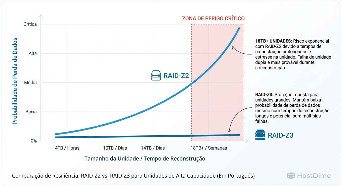 Gráfico de Risco de Perda de Dados: Como o aumento da capacidade dos discos expõe o RAID-Z2 a falhas catastróficas durante o rebuild.